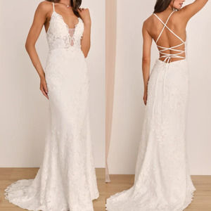 LULU'S SZ 8 Ivory Enchanting Eternity Pearl Lace-Up Backless Maxi Dress b67 flaw